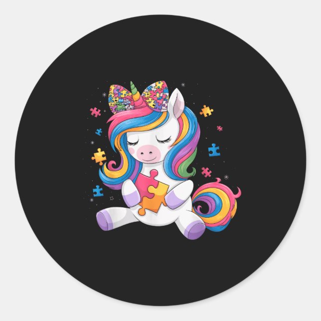 Cute Autism Awareness Toddler Girl Bow Unicorn Puz Classic Round Sticker (Front)