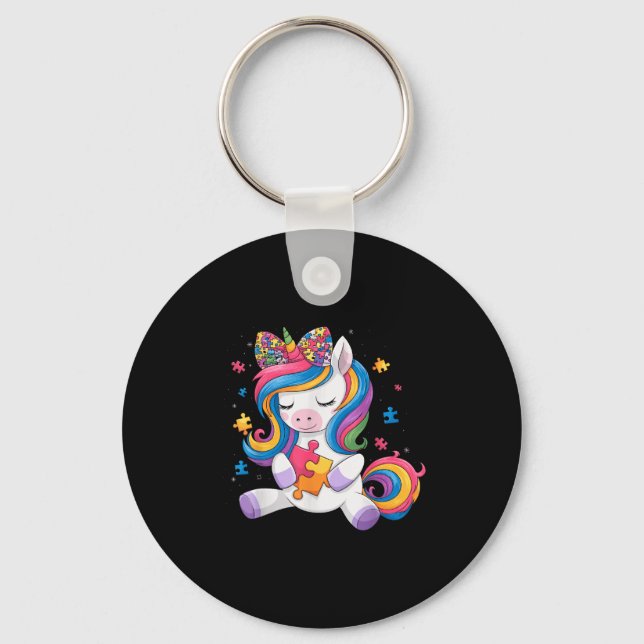 Cute Autism Awareness Toddler Girl Bow Unicorn Puz Key Ring (Front)