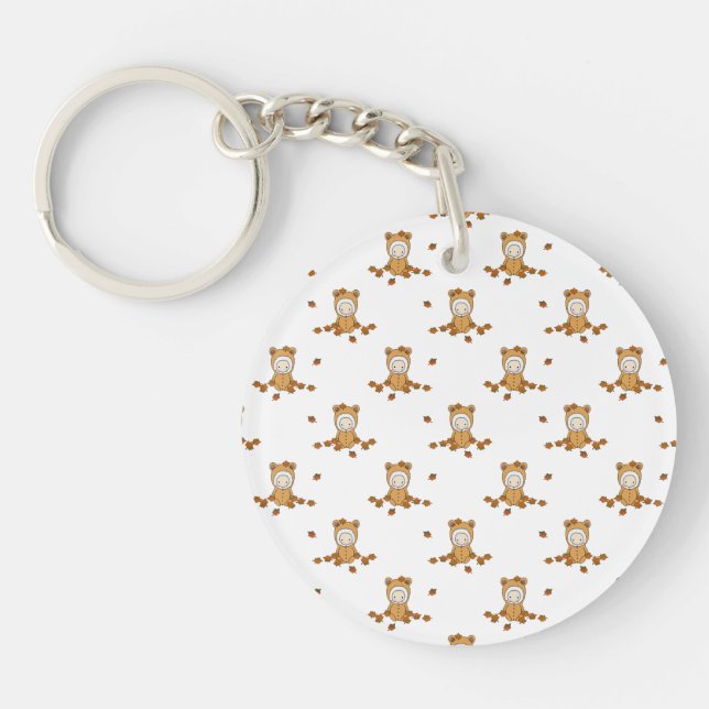 Cute Autumn Babies in Falling Leaves Pattern Key Ring (Front)