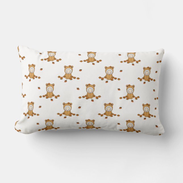 Cute Autumn Babies in Falling Leaves Pattern Lumbar Cushion (Front)