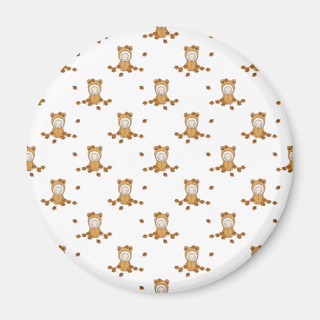 Cute Autumn Babies in Falling Leaves Pattern Magnet (Front)