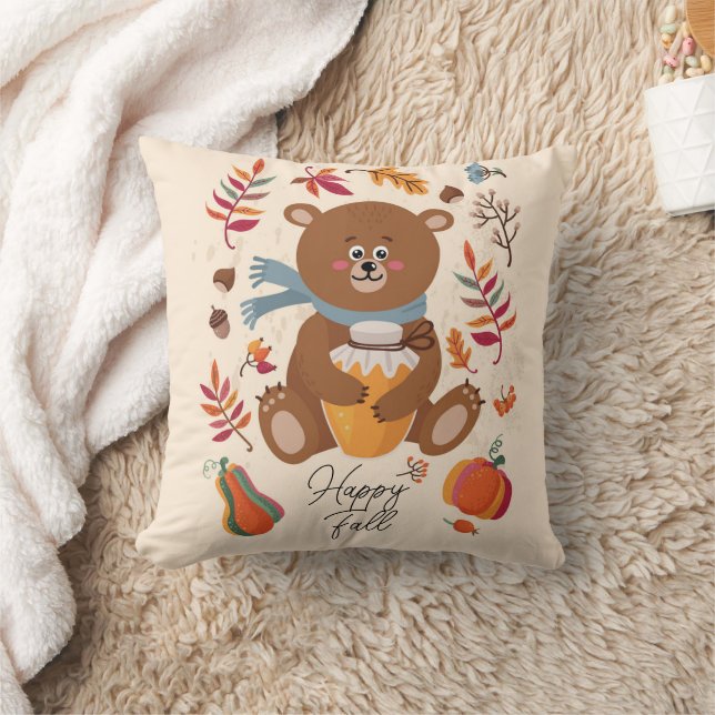 Cute autumn baby bear with honey and custom text cushion (Blanket)