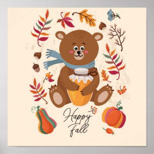 Cute autumn baby bear with honey and custom text poster