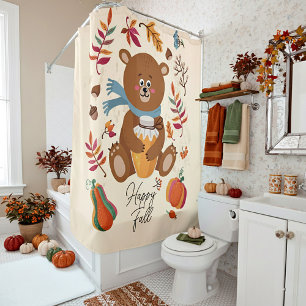 Cute autumn baby bear with honey and custom text shower curtain