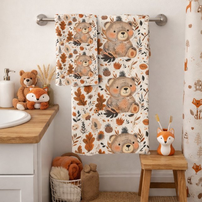 Cute Autumn Bear & Woodland Foliage Pattern Bath Towel Set (Creator Uploaded)