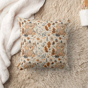 Cute Autumn Bear & Woodland Foliage Pattern Cushion