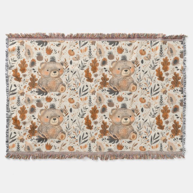 Cute Autumn Bear & Woodland Foliage Pattern Throw Blanket (Front)