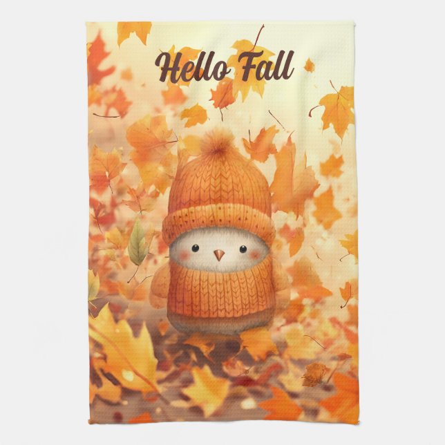 Cute Autumn Bird Dressed for Fall Tea Towel (Vertical)