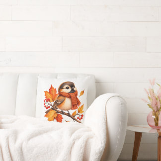 Cute Autumn Bird with Cosy Scarf – Fall Leaves Cushion