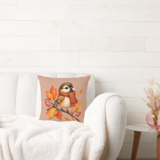 Cute Autumn Bird with Cosy Scarf – Fall Leaves Cushion