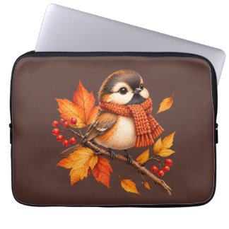 Cute Autumn Bird with Cosy Scarf – Fall Leaves Laptop Sleeve
