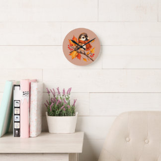 Cute Autumn Bird with Cosy Scarf – Fall Leaves Round Clock