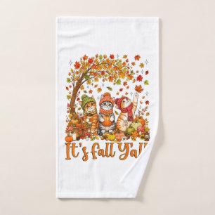 Cute Autumn Cats Leaves Pumpkin "It's Fall Y'All" Hand Towel
