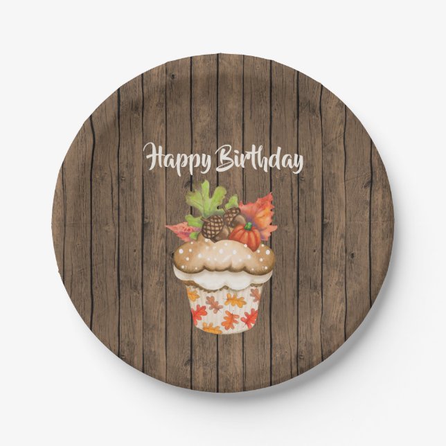 Cute Autumn Cupcake on Wood Fall Happy Birthday Paper Plate (Front)