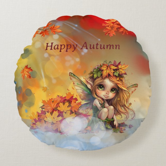 Cute Autumn Fairy with Fallen Leaves Round Cushion (Front)