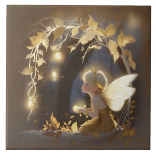 Cute Autumn Fairy with Glowing Flowers Ceramic Tile
