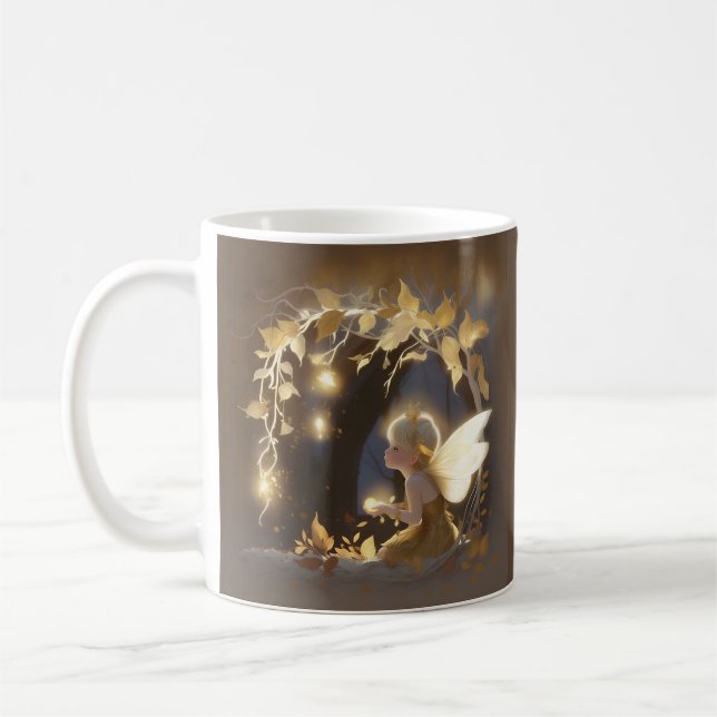 Cute Autumn Fairy with Glowing Flowers Coffee Mug (Left)