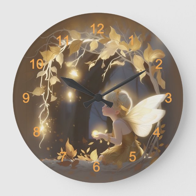 Cute Autumn Fairy with Glowing Flowers Large Clock (Front)