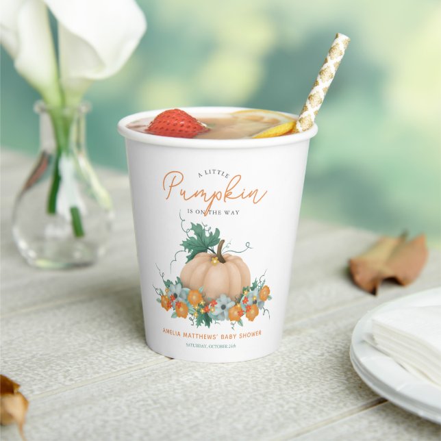 Cute Autumn Fall Floral Pumpkin Rustic Baby Shower Paper Cups (Insitu)