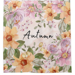 Cute autumn floral Elegant pink background Text Shower Curtain