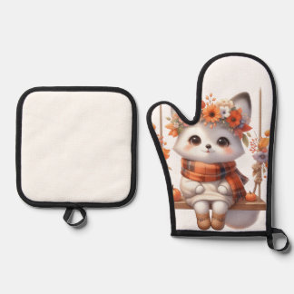 Cute Autumn Fox Kawaii Cottagecore Oven Mitt & Pot Holder Set