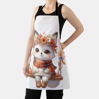 Cute Autumn Fox Kawaii Floral Cottagecore Apron