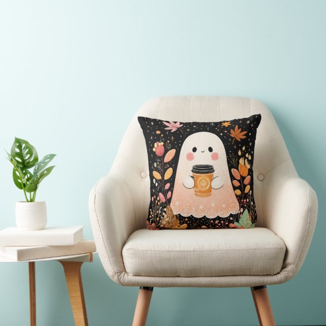 Cute Autumn Ghost with Pumpkin Coffee – Cosy Fall  Cushion (Chair)