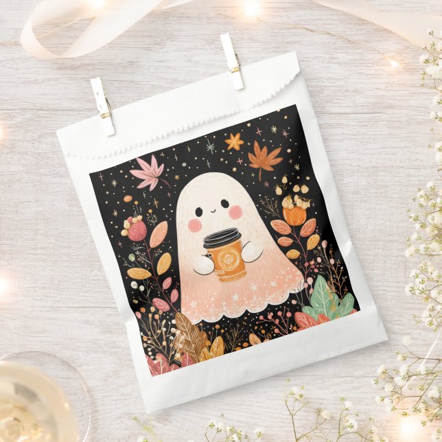 Cute Autumn Ghost with Pumpkin Coffee – Cosy Fall  Favour Bag (Clipped)