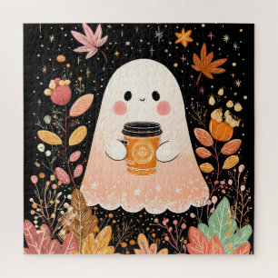 Cute Autumn Ghost with Pumpkin Coffee – Cosy Fall  Jigsaw Puzzle