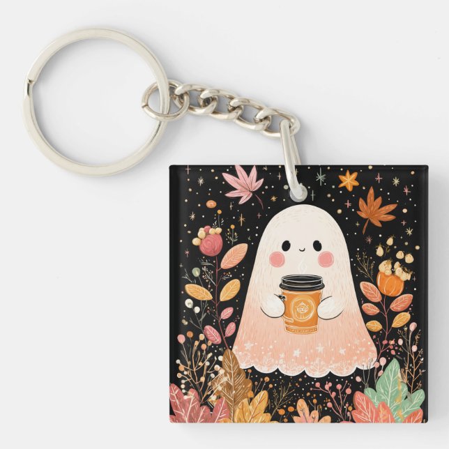 Cute Autumn Ghost with Pumpkin Coffee – Cosy Fall  Key Ring (Front)