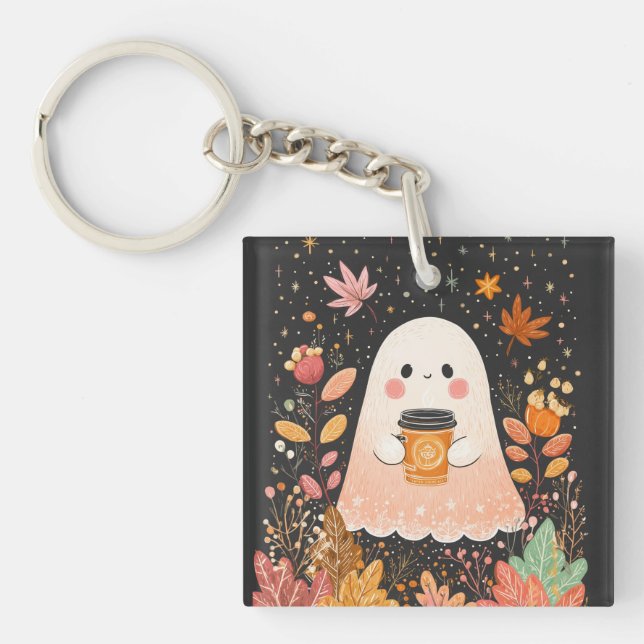 Cute Autumn Ghost with Pumpkin Coffee – Cosy Fall  Key Ring (Front)