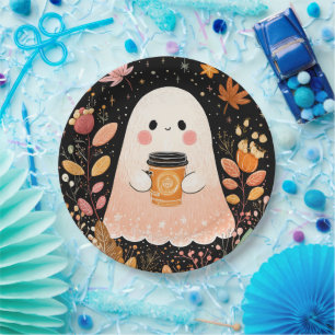 Cute Autumn Ghost with Pumpkin Coffee – Cosy Fall Paper Plate