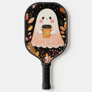 Cute Autumn Ghost with Pumpkin Coffee – Cosy Fall Pickleball Paddle