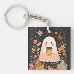 Cute Autumn Ghost with Pumpkin Coffee – Cozy Fall  Key Ring