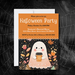 Cute Autumn Ghost with Pumpkin Coffee Halloween Invitation