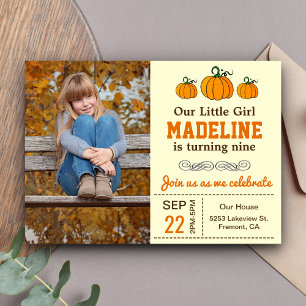Cute Autumn Girl Pumpkin Birthday Photo Invitation