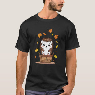 Cute Autumn Hedgehog in Basket with Falling Leaves T-Shirt