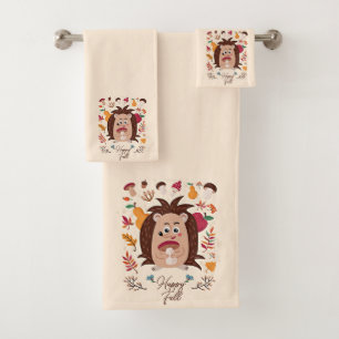 Cute autumn hedgehog with custom text bath towel set