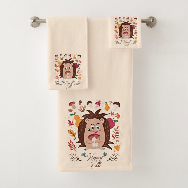 Cute autumn hedgehog with custom text bath towel set (Insitu)