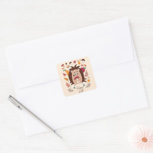 Cute autumn hedgehog with custom text square sticker