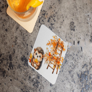 Cute Autumn Hedgehog with Harvest Ladder Illustrat Square Paper Coaster