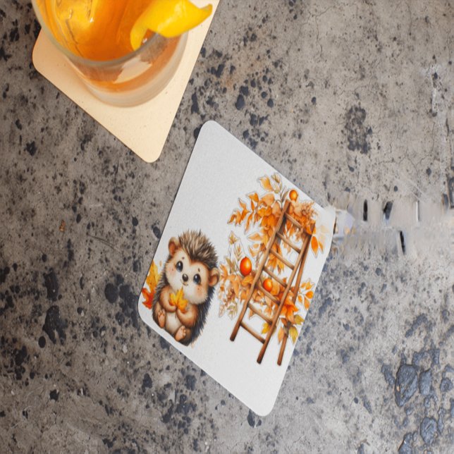 Cute Autumn Hedgehog with Harvest Ladder Illustrat Square Paper Coaster (Creator Uploaded)