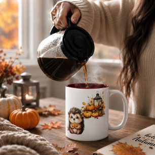 Cute Autumn Hedgehog with Harvest Ladder Illustrat Two-Tone Coffee Mug