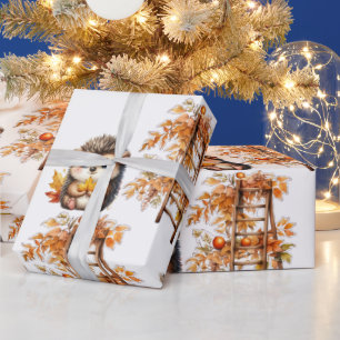 Cute Autumn Hedgehog with Harvest Ladder Illustrat Wrapping Paper
