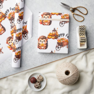 Cute Autumn Hedgehog with Harvest Ladder Illustrat Wrapping Paper