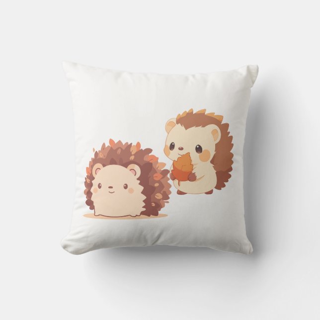 Cute Autumn Hedgehogs – Kawaii Fall Forest Animals Cushion (Front)
