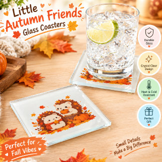Cute Autumn Hedgehogs – Kawaii Fall Forest Animals Glass Coaster