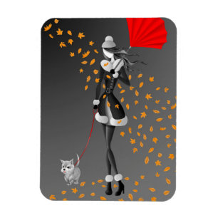 Cute Autumn Leave Winter Dog Walk  Magnet