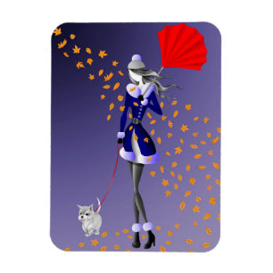 Cute Autumn Leave Winter Dog Walk Magnet