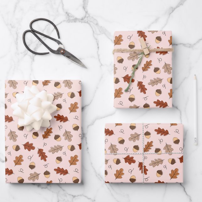 Cute Autumn Leaves & Nuts Pattern Wrapping Paper Sheet (Front)